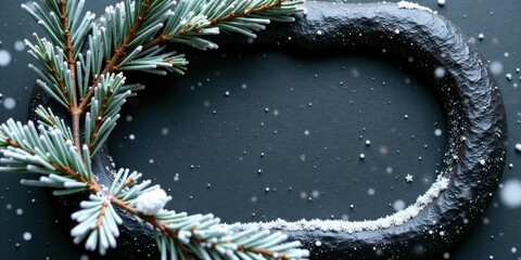 Aufkleber - Winter Wonderland Frame Snowy Evergreen Branch and Dark Decorative Oval on a Dark Background