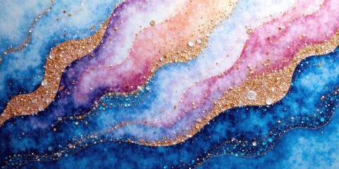 Aufkleber - Abstract Fluid Art Serene Watercolor Swirls with Gold and Silver Glitter Accents