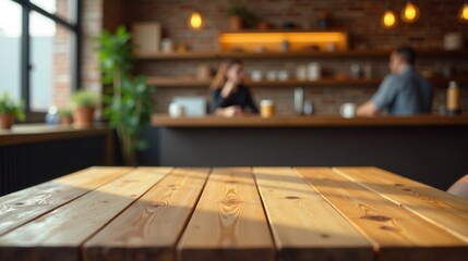 Poster - Sunny Wooden Tabletop in a Casual Cafe Setting