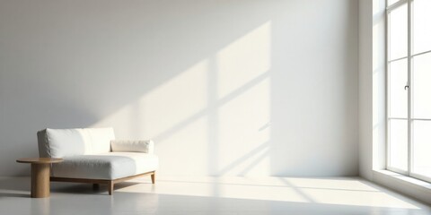 Aufkleber - Serene Minimalist Living Room with Sunlight Streaming Through Window and Modern Chaise Lounge