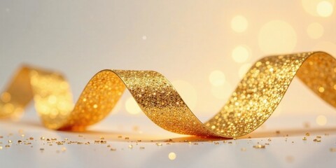 Poster - A shimmering golden ribbon elegantly curves, creating a festive and luxurious design against a soft, blurred background of warm, inviting lights and subtle glitter.