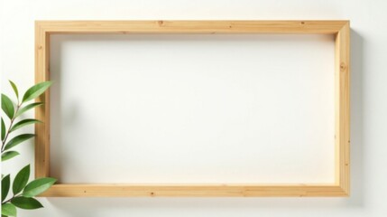 Aufkleber - Empty light wood frame with green leaves against a white background, perfect for minimalist design projects and showcasing artwork or product placement.