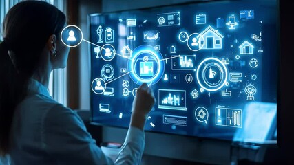 Wall Mural - digital interface: a person interacts with an interactive digital display with futuristic elements l