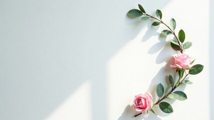 Poster - Delicate Pink Roses and Greenery Arranged in a Gentle Curve on a Soft White Background with Sunlight Shadows