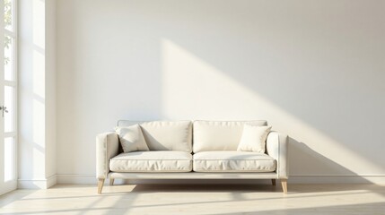 Poster - Serene Minimalist Living Room Interior with Off-White Sofa and Sunlight Streaming Through Window