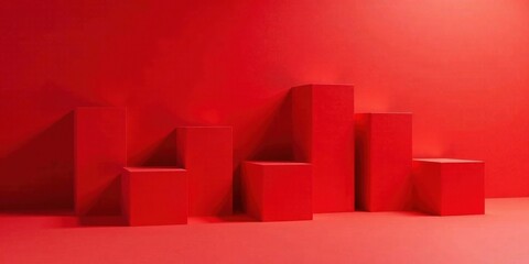 Poster - Abstract Red Geometric Display Platforms Against a Vibrant Red Background Ideal for Product Presentation or Minimalist Design