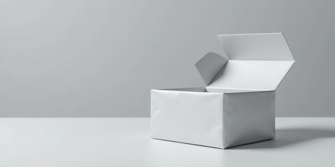Poster - A partially opened blank white box rests on a light surface against a neutral backdrop