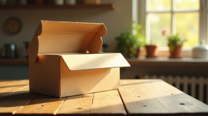 Aufkleber - A partially opened cardboard box rests on a sunlit wooden table in a cozy room