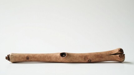 Poster - A naturally weathered, light brown, small wooden branch with a noticeable knot and a split end, isolated on a bright white background.