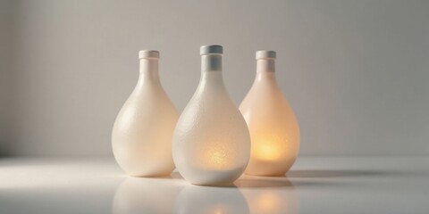 Aufkleber - Illuminated teardrop-shaped vessels arranged in a symmetrical composition on a reflective surface