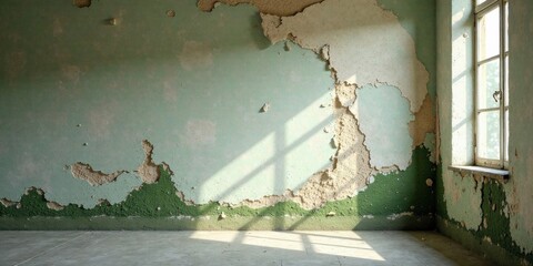 Poster - Sunlit Room with Damaged Walls and Peeling Paint Featuring Aged Structure