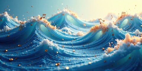 Aufkleber - Ocean Waves Adorned with Musical Notes and Golden Specks A Serene and Artistic Visualization