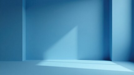 Poster - Serene Blue Room Interior with Sunlight Streaming Through Window Illuminating Blank Walls and Floor, Providing a Minimalist Empty Space Perfect for Presentation or Display