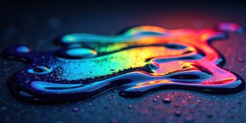 Aufkleber - Abstract iridescent liquid puddle reflecting vibrant colors and light, with water droplets scattered across its surface