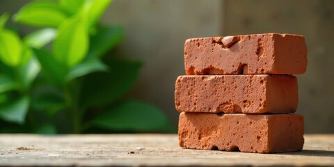 Poster - Stack of three reddish-brown clay bricks resting on aged wooden surface, blurred green foliage in the background