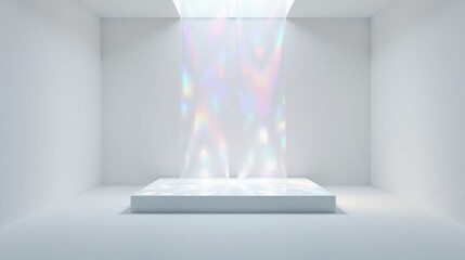 Poster - Minimalist iridescent display in a bright white room with a clean platform