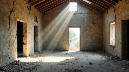 Aufkleber - Sunbeams Illuminate a Derelict Building's Interior, Dust Motes Dancing in Golden Light Through Cracks in Walls and Open Doorways