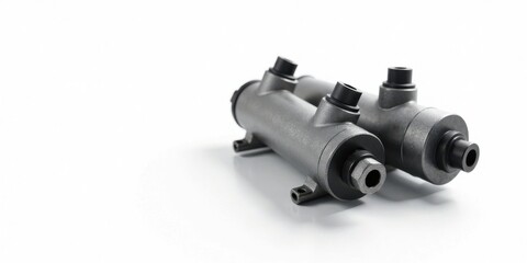 Poster - Close-up view of two industrial metallic cylindrical components with multiple connectors, isolated on a bright white background.
