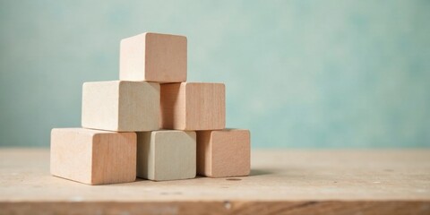 Aufkleber - Wooden blocks arranged in a pyramid shape on a light wood surface against a pale teal backdrop.  A simple arrangement showcasing potential for growth and stability.