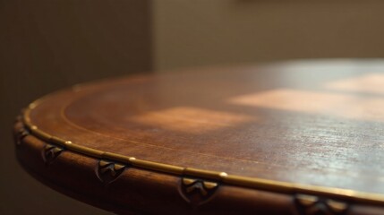 Aufkleber - Close-up Detail of Ornate Wooden Table Edge with Golden Accents in Soft Light