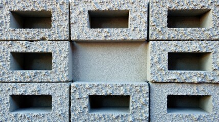 Aufkleber - A textured wall of pale gray blocks featuring recessed rectangular openings, creating a visually interesting and potentially functional architectural design element.