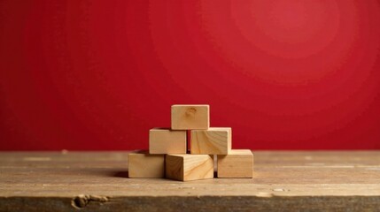Aufkleber - Simple Wooden Blocks Arranged in a Pyramid Shape on a Rustic Wooden Surface Against a Bold Red Background