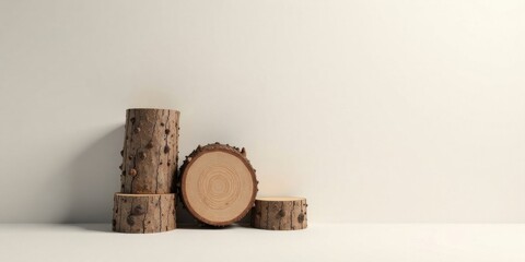 Aufkleber - Rustic Wooden Log Slices Arranged on a Minimalist White Surface Creating a Natural and Simple Display