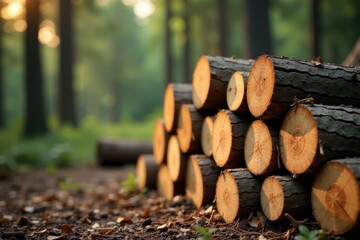 Aufkleber - Golden Hour Lumber Stacked in Forest Setting
