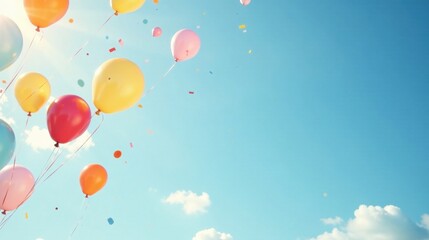 Aufkleber - Joyful Celebration Colorful Balloons Ascending into a Sunny Sky with Festive Confetti