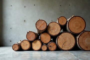 Aufkleber - A rustic arrangement of neatly stacked wood logs, showcasing the natural beauty of their concentric rings and rough textures against a muted gray backdrop.