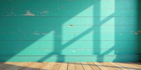 Aufkleber - Rustic Teal Wood Wall and Light Wood Floor with Sunlit Window Shadow Patterns