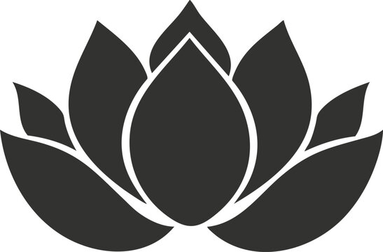 Black and white lotus flower silhouette icon symbolizing purity and meditation.