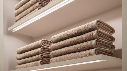 Leinwandbilder - A stack of towels on a shelf. The towels are stacked on top of each other.