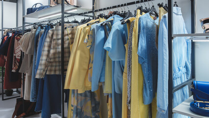 Poster - A rack of clothes with a blue shirt on the top shelf. The clothes are hanging on hangers and are organized by color