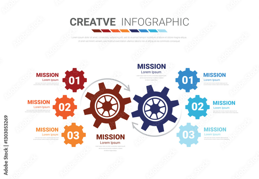 Mechanical Functioning Industry presentation model with gears cogwheels 6 steps. Concept of ...