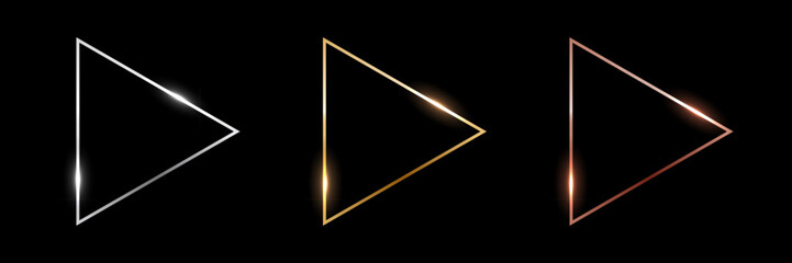 Gold, silver and bronze triangle frames. Metal thin play buttons isolated on black background. 3d realistic empty template vector illustration set.