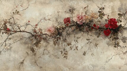 Wall Mural - charming acrylic brush-painted floral design with soft pastel flowers and flowing stems.