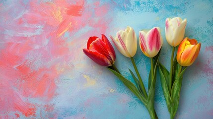 Wall Mural - classic floral frame with hand-painted acrylic tulips and soft pastel hues for a summer project.