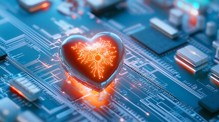Wall Mural - a heart-shaped object illuminates with an orange glow against a blue circuit board background, highl