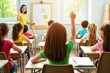 © Yuudaishin - Engaged Elementary School Students Raising Hands in a Bright and Cheerful Classroom During an Interactive Lesson
