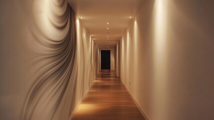 Poster - A minimalist modern hallway with sleek white walls, hidden lighting, and wooden flooring, giving a clean, sophisticated look.