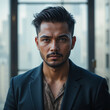 © อารียา วงษ์พัฒน์ - Serious man in suit jacket standing indoor with building in background, portrait of professional worker with calm face and look to camera with confident