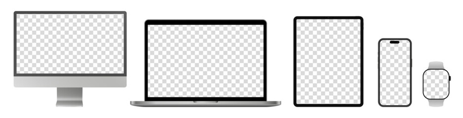 Mockup of silver computer monitor, laptop, tablet screen, mobile phone and watch. Social media promotion. Advertising on a smartphone display. Device front view. 3D smart pad with shadow. Cell phone