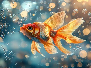 Wall Mural - Vibrant Goldfish with Glowing Fins Surrounded by Whimsical Bubbles in Magical Underwater Atmosphere