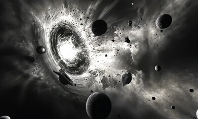 Wall Mural - Stunning Cosmic Explosion of a Black Hole with Asteroids and Stars in Space