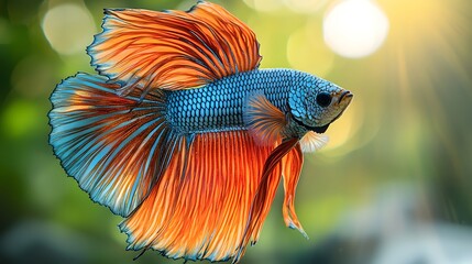 Wall Mural - Graceful Betta Fish Swims in Vibrant Blue and Red Hues