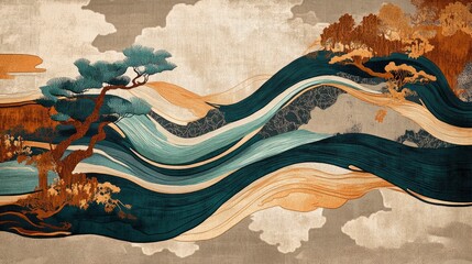 Wall Mural - artwork featuring the flowing lines of a river, with a background in beige and brown tones, accented by teal blue to depict the water flow