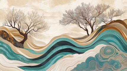 Wall Mural - artwork featuring the flowing lines of a river, with a background in beige and brown tones, accented by teal blue to depict the water flow