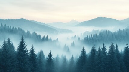 Naklejka na meble Misty morning in a serene forest valley with mountain silhouettes in the background
