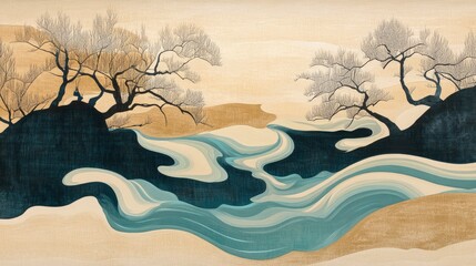 Wall Mural - artwork featuring the flowing lines of a river, with a background in beige and brown tones, accented by teal blue to depict the water flow